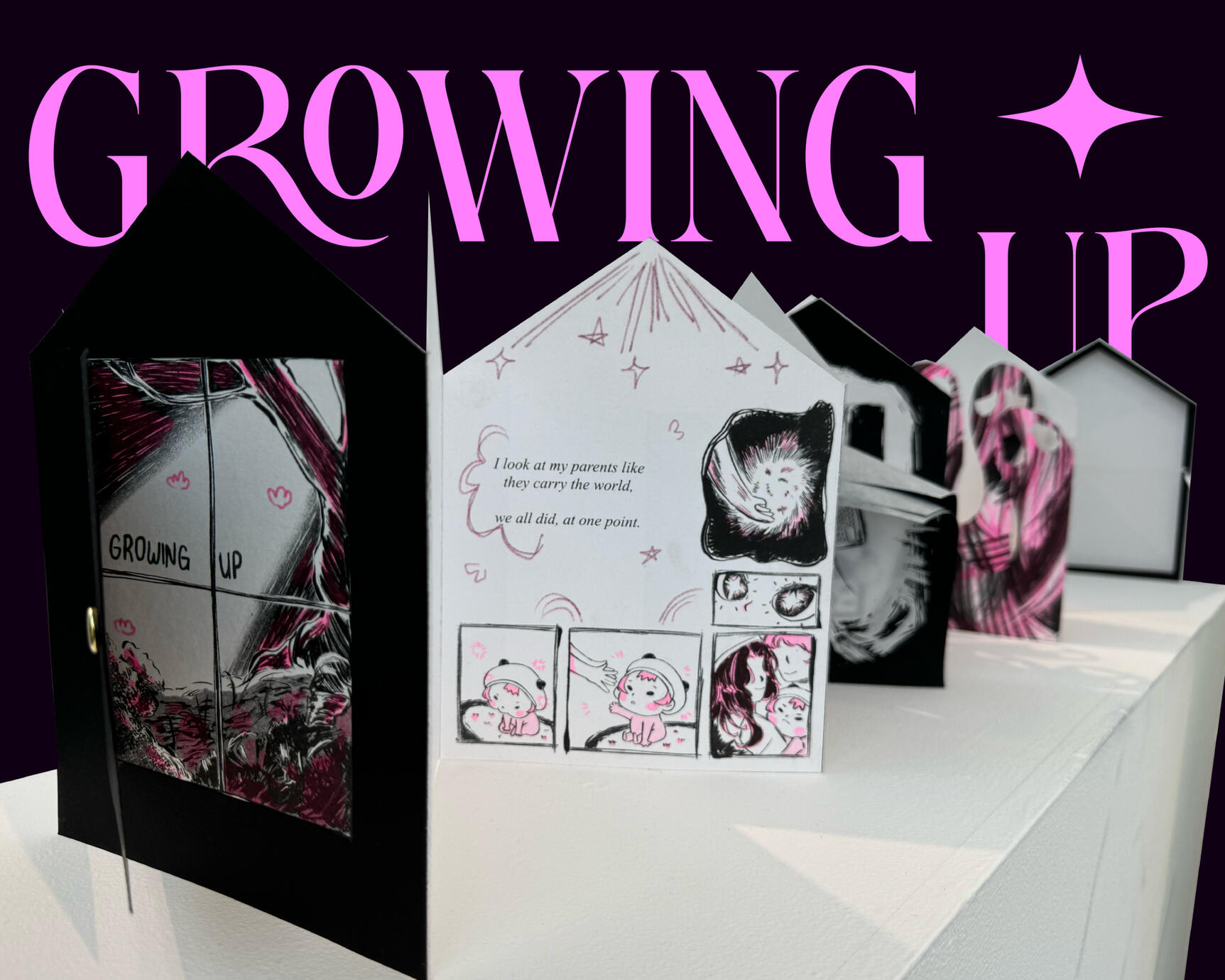 Riso-printed and silkscreen pages, folded in an accordion-style binding with an additional pop up element at the back of the book